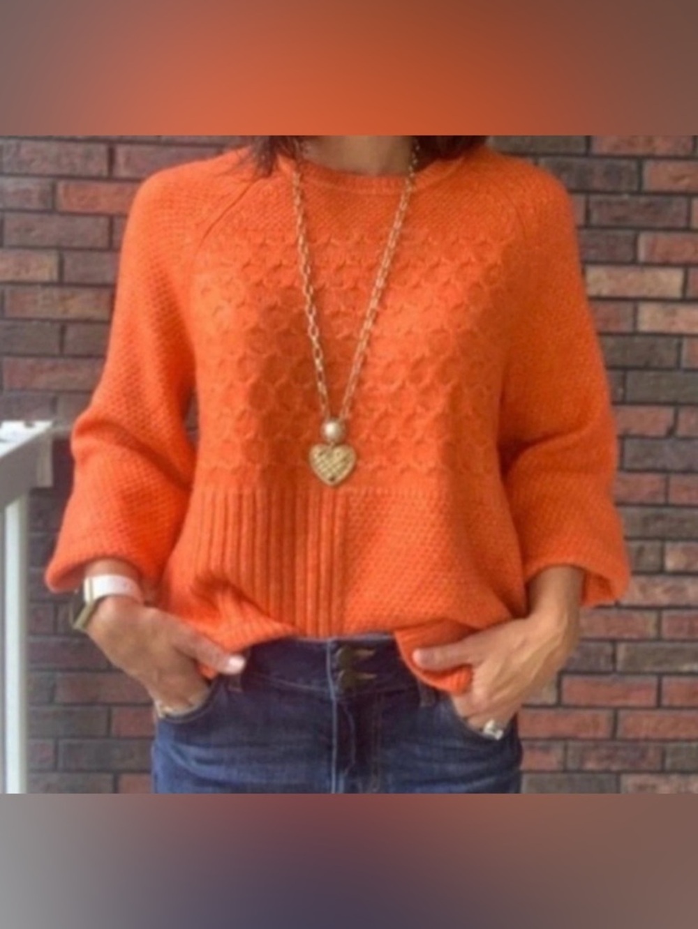 CABI #4038 Harvest Pullover Sweater Amber Orange Medium Cable Knit Chunky Sz XS